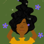 A beautiful brown-skinned woman with long back curly hair laying relaxed on the grass surrounded by purple flowers and white flowers floating in the breeze with a peaceful look on her face and her hands behind her head